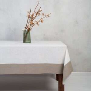 Classic White Linen Tablecloth With Grey Border