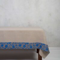CLASSIC GREY LINEN TABLECLOTH WITH BLUE FLOWER ORNAMENT BORDER