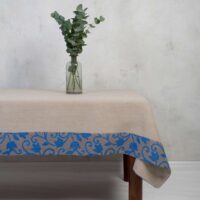CLASSIC GREY LINEN TABLECLOTH WITH BLUE FLOWER ORNAMENT BORDER