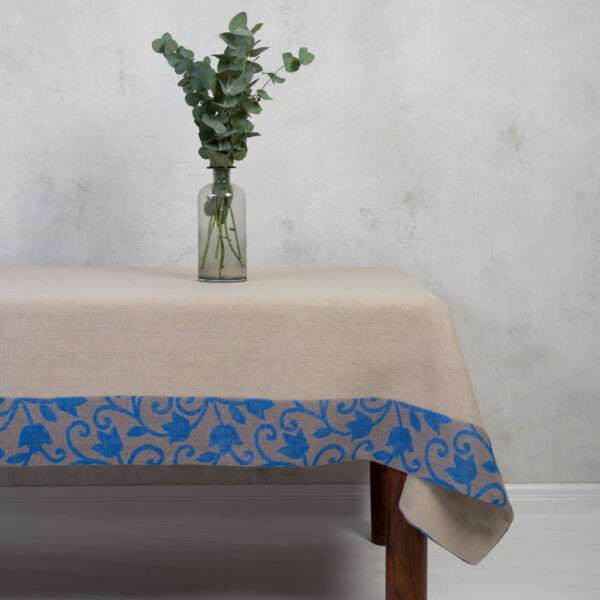 CLASSIC GREY LINEN TABLECLOTH WITH BLUE FLOWER ORNAMENT BORDER CLASSIC GREY LINEN TABLECLOTH WITH BLUE FLOWER ORNAMENT BORDER