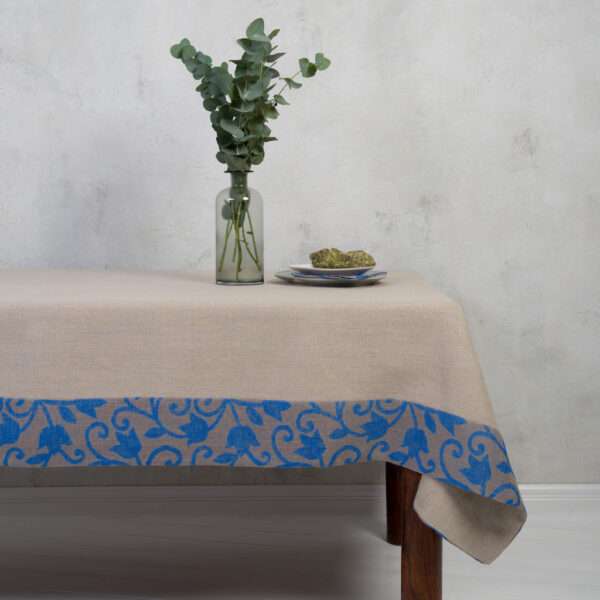 CLASSIC GREY LINEN TABLECLOTH WITH BLUE FLOWER ORNAMENT BORDER CLASSIC GREY LINEN TABLECLOTH WITH BLUE FLOWER ORNAMENT BORDER