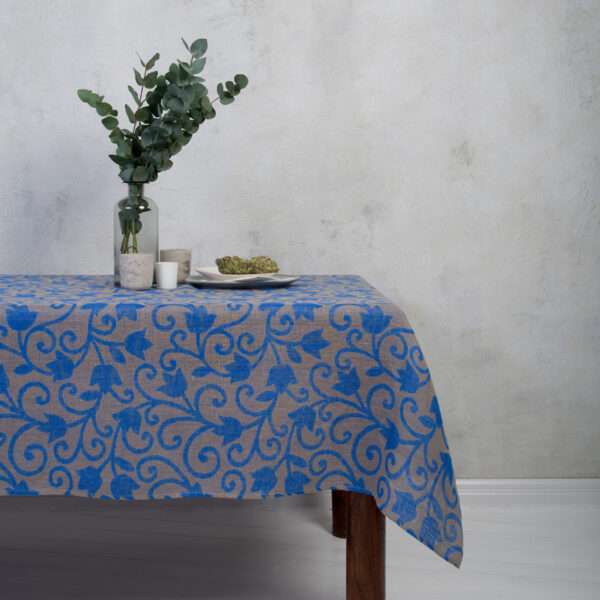 Blue Flower Ornament Linen Tablecloth Blue Flower Ornament Linen Tablecloth