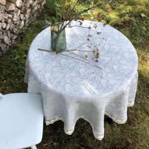 Light Blue Paisley Round Linen Tablecloth with Lace
