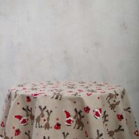 CHRISTMAS REINDEER ROUND LINEN TABLECLOTH