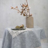 LIGHT BLUE PAISLEY ROUND LINEN TABLECLOTH WITH LACE