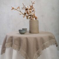 Classic Grey Linen Tablecloth with Lace