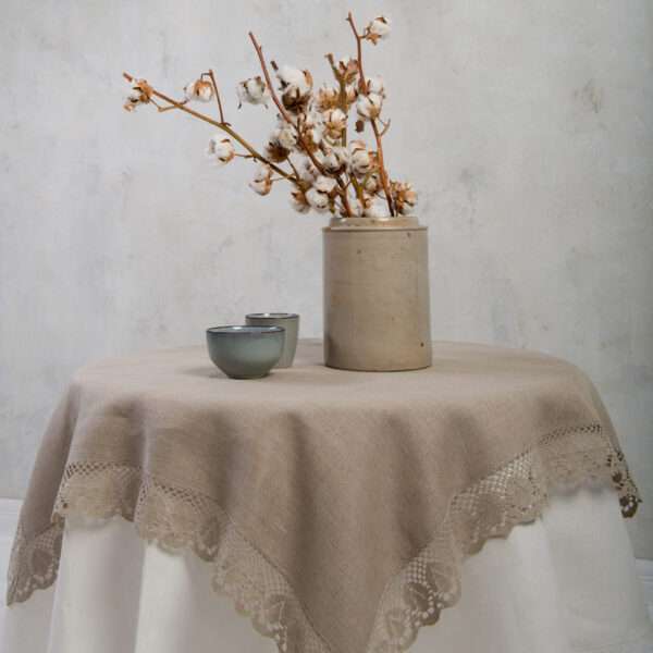 Classic Grey Linen Tablecloth with Lace Classic Grey Linen Tablecloth with Lace