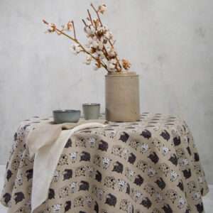 Round linen tablecloth in sheep pattern