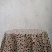 Round linen tablecloth wild strawberry and flowers