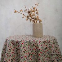 Round linen tablecloth wild strawberry and flowers