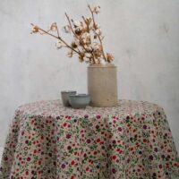 Round linen tablecloth wild strawberry and flowers