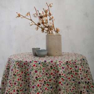 Round linen tablecloth wild strawberry and flowers