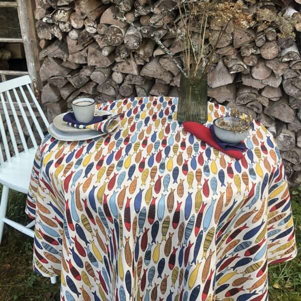 Colorful Fishes Round Linen Tablecloth Colorful Fishes Round Linen Tablecloth