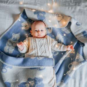 Wool Baby Blanket - Blue Teddy Bear