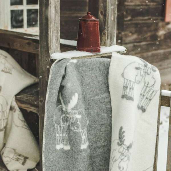 Wool blanket throw - grey reindeers