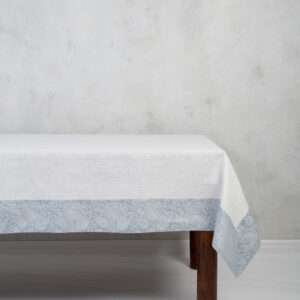 CLASSIC WHITE LINEN TABLECLOTH WITH LIGHT BLUE PAISLEY BORDER