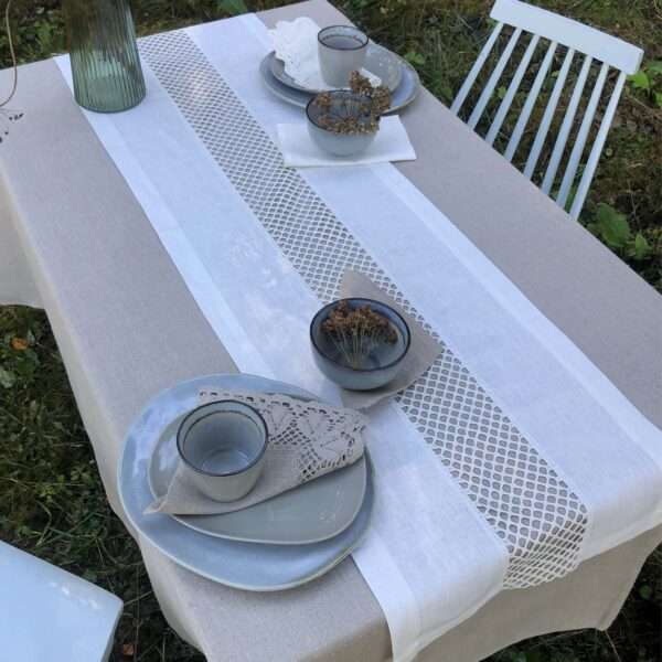 Classic White Linen Runner with Lace in the Middle
