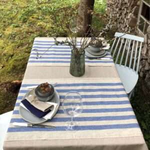 Rustic Linen Table Runner - Blue Stripes