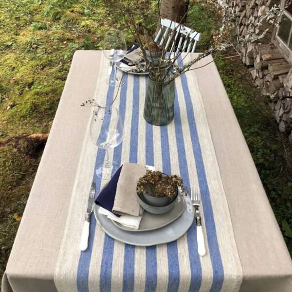 Rustic Linen Table Runner - Blue Stripes Rustic Linen Table Runner - Blue Stripes