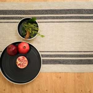 Rustic Linen Table Runner - Two Black Thin Stripes