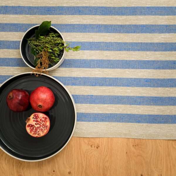 Rustic Linen Table Runner - Blue Stripes