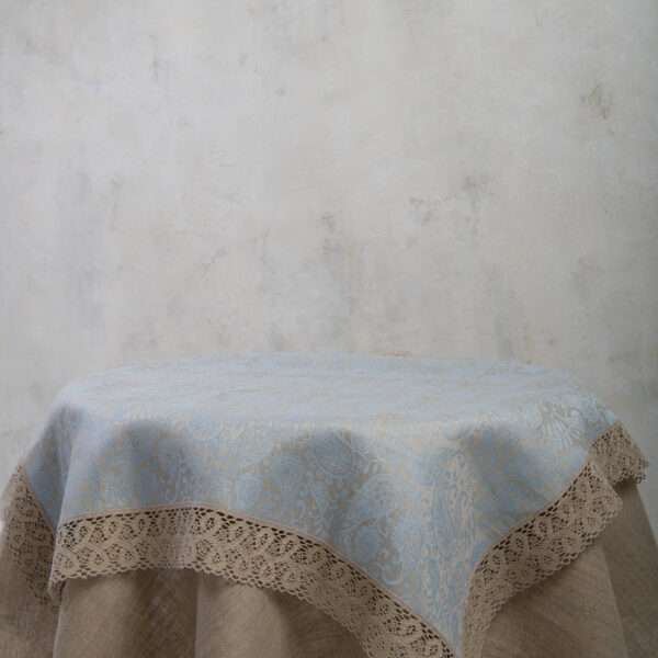Grey Blue Paisley Linen Tablecloth with Lace Grey Blue Paisley Linen Tablecloth with Lace
