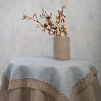 Grey Blue Paisley Linen Tablecloth with Lace