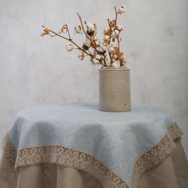 Grey Blue Paisley Linen Tablecloth with Lace Grey Blue Paisley Linen Tablecloth with Lace