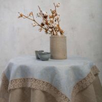 Grey Blue Paisley Linen Tablecloth with Lace