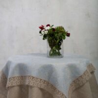Grey Blue Paisley Linen Tablecloth with Lace