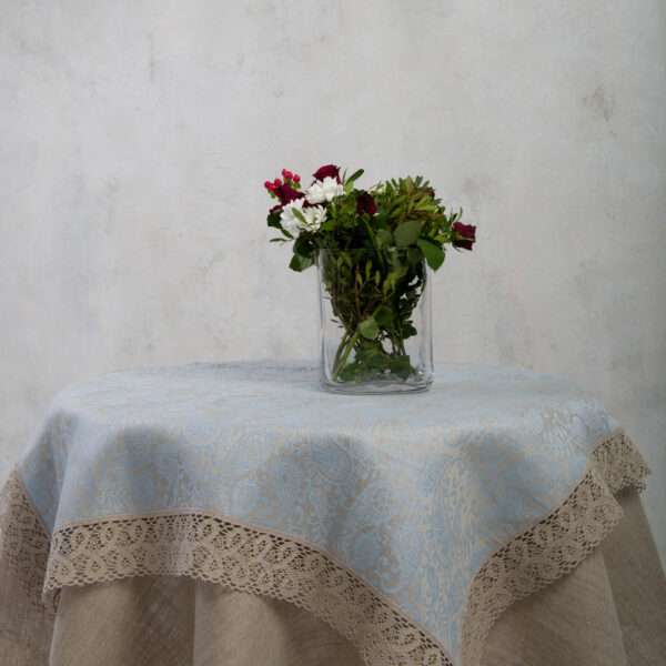 Grey Blue Paisley Linen Tablecloth with Lace Grey Blue Paisley Linen Tablecloth with Lace