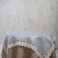 Light Blue Paisley Linen Tablecloth with Lace