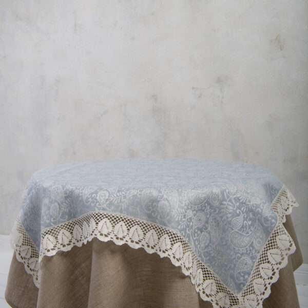 Light Blue Paisley Linen Tablecloth with Lace Light Blue Paisley Linen Tablecloth with Lace