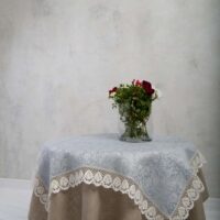 Light Blue Paisley Linen Tablecloth with Lace