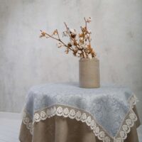 Light Blue Paisley Linen Tablecloth with Lace