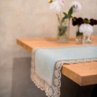 Classic Grey Blue Paisley Linen Runner with Lace