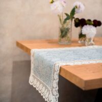 Classic Light Blue Linen Runner with Lace