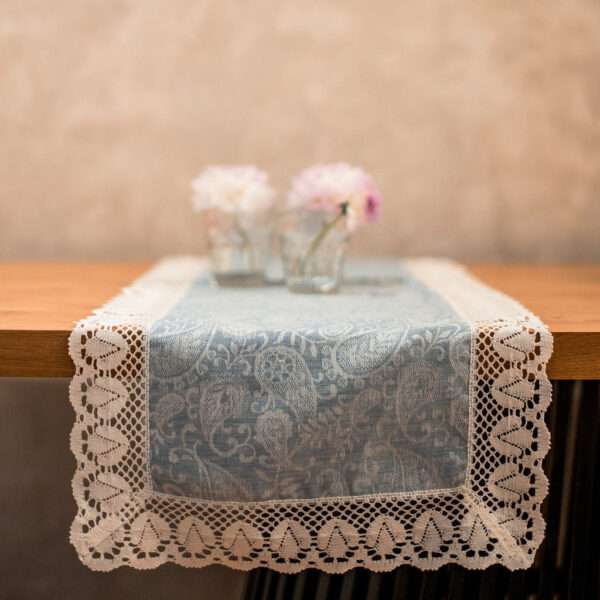 Classic Light Blue Linen Runner with Lace Classic Light Blue Linen Runner with Lace