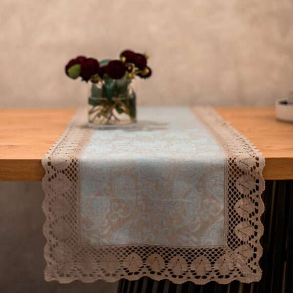 Classic Grey Blue Paisley Linen Runner with Lace Classic Grey Blue Paisley Linen Runner with Lace