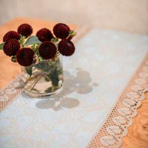 Classic Grey Blue Paisley Linen Runner with Lace