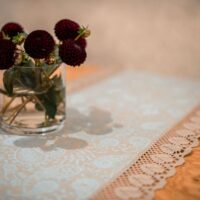 Classic Grey Blue Paisley Linen Runner with Lace