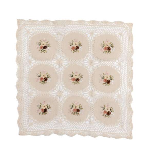 Puuvillane heegeldatud pits paelaga tikitud linasest laudlinast - 9 lillega Puuvillane heegeldatud pits paelaga tikitud linasest laudlinast - 9 lillega